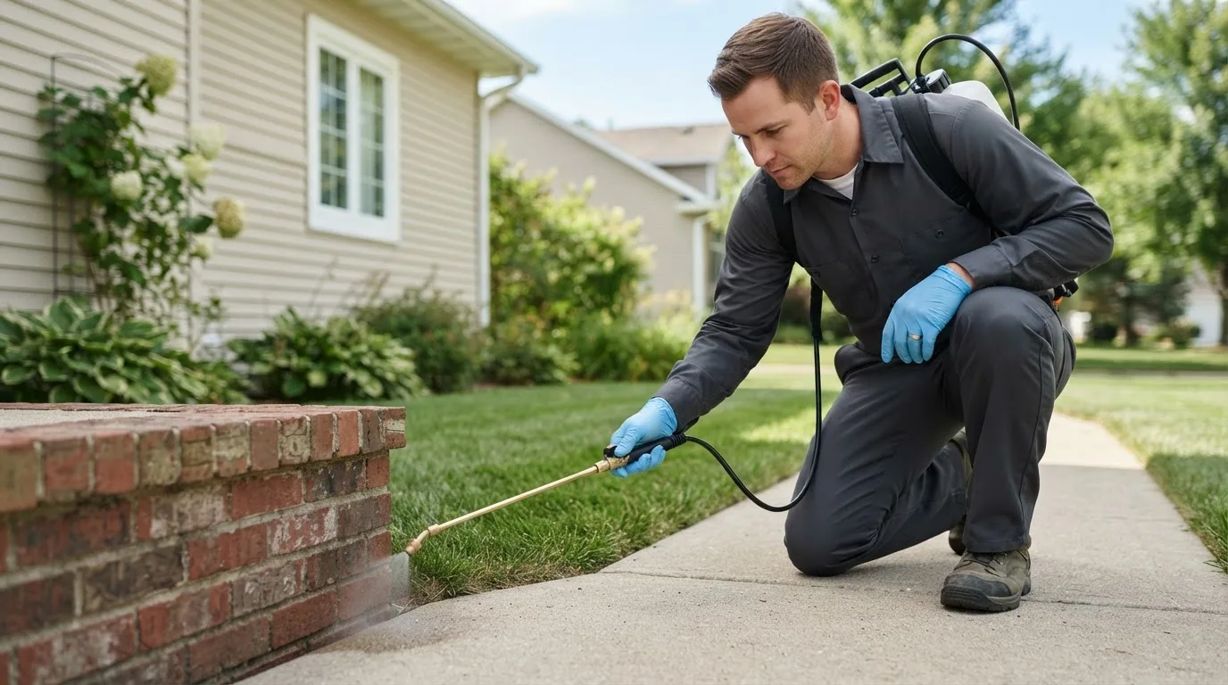 Pest control technician treating a home near Elroy, WI